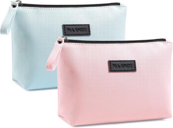 Small Makeup Bag for Purse 2 Pcs Travel Makeup Bag with Zipper Pu Leather Makeup Pouch Cosmetic Bags for Women Make Up Bag for Travelling (Pink+Blue)