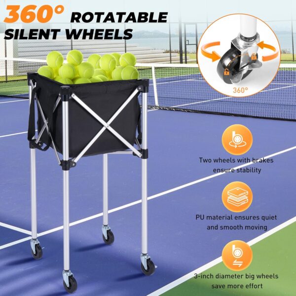 Rengue Tennis Ball Hopper, Portable Tennis Ball Basket for 150 Balls with Silent Wheels, Lightweight Aluminum Alloy Pickleball Ball Holder, Foldable Tennis Ball Cart for Practice, Training - Image 4