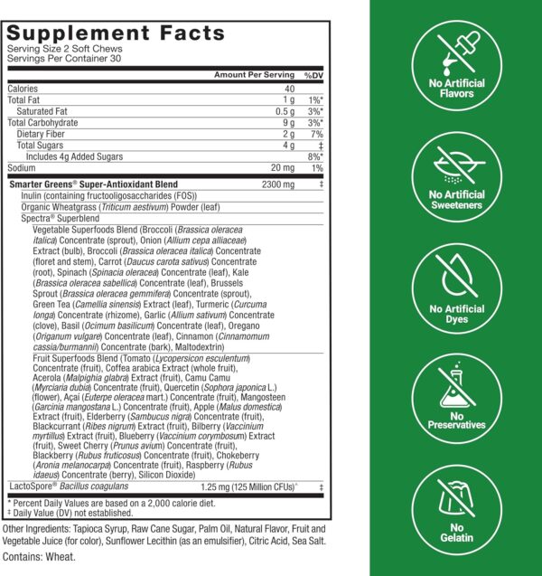 FORCE FACTOR Smarter Greens Superfood Chews, Greens and Superfoods with Probiotics, Antioxidants, and Fiber, Greens Supplement to Support Digestion, Nitric Oxide, and Energy, 60 Soft Chews - Image 5