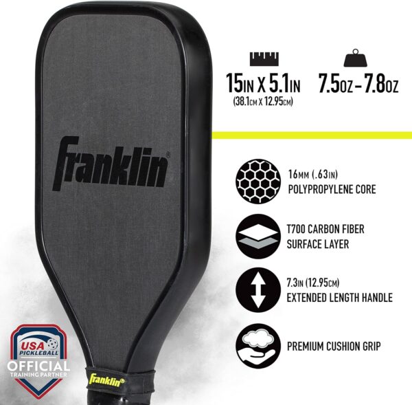 Franklin Sports Sweet Spot Training Pickleball Paddle - The Original Pickleball Trainer Practice Paddle - Mini Paddle Head + Extra Long Handle for Shot + Swing Training - 16mm Core + T700 Carbon Face - Image 5