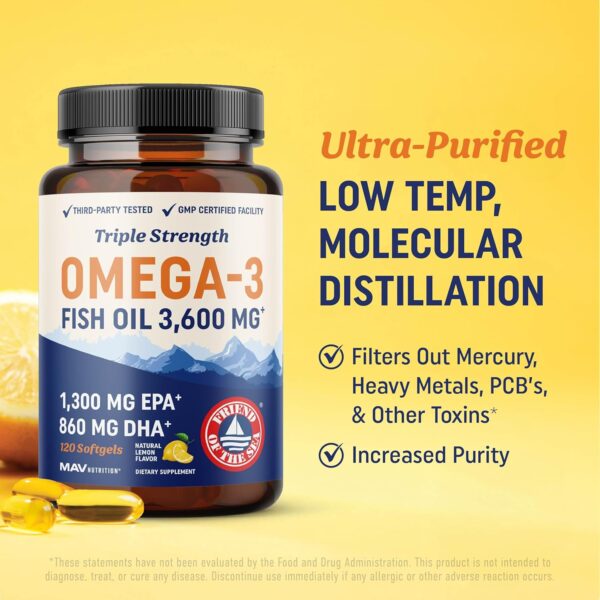 Triple Strength Omega 3 Fish Oil 3600 mg | EPA & DHA | Over 2100mg Omega-3 Fatty Acids | 1300mg EPA + 860mg DHA | Best Essential Fatty Acids | Premium Burpless Fish Oil Omega 3 Supplements (120 Ct) - Image 5