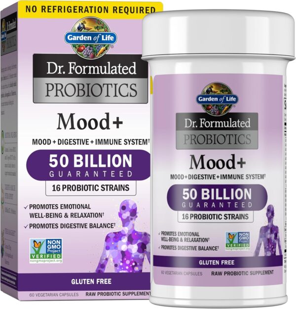 Garden of Life Probiotics Mood+ Dr Formulated Acidophilus Probiotic Supplement - Promotes Emotional Well-Being, Relaxation and Digestive Balance - Ashwagandha for Stress Management, 60 Veggie Caps