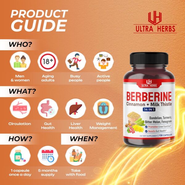 Premium Berberine 12,200MG with Cinnamon, Milk Thistle *USA Made & Test* Promotes Liver Function, Gut Health, Immunity (150 Count (Pack of 1)) - Image 5