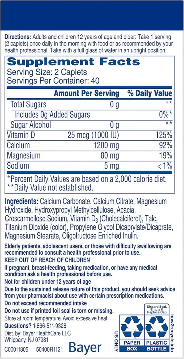 Citracal Slow Release 1200, 1200 mg Calcium Citrate and Calcium Carbonate with 25 mcg (1000 IU) Vitamin D3, Bone Health Support, Calcium Supplement for Ages 12+, Take Once Daily Caplet, 80 Count - Image 8