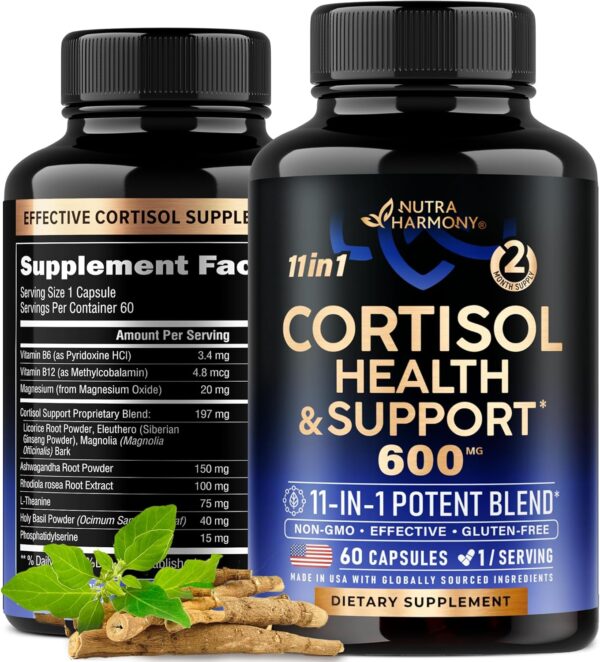 Cortisol Supplement - 11 in 1 Hormone Balance for Women - Made in USA Supplement - Mood, Focus, Sleep Support - Vegan, Non-GMO, Natural Pills - 60 Capsules, 2 Month Supply