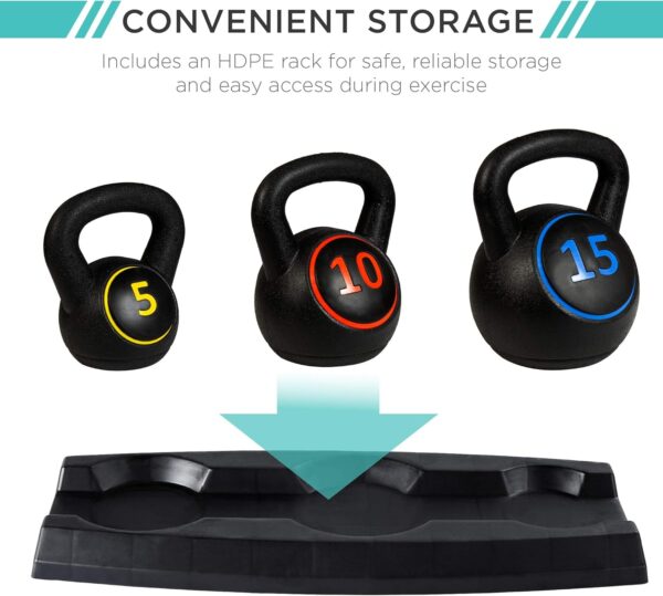 Best Choice Products 3-Piece Kettlebell Set with Storage Rack, HDPE Coated Exercise Fitness Concrete Weights for Home Gym, Strength Training, HIIT Workout 5lb, 10lb, 15lb - Image 3