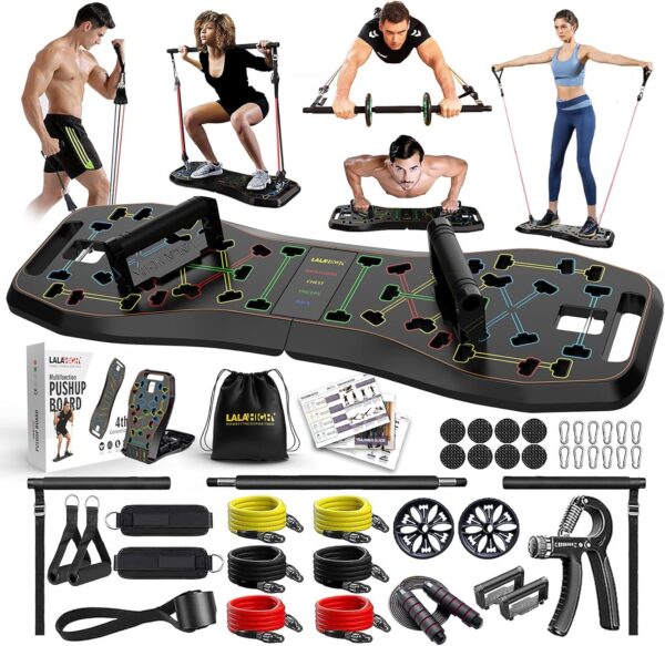 LALAHIGH Portable Home Gym System: Large Compact Push Up Board, Pilates Bar & Fitness Accessories with Resistance Bands Ab Roller Wheel - Full Body Workout for Men and Women, Gift for Boyfriend