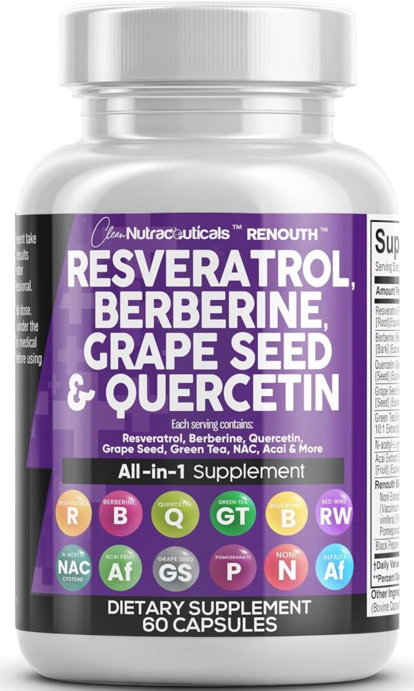 Clean Nutraceuticals Resveratrol 6000mg Berberine 3000mg Grape Seed Extract 3000mg Quercetin 4000mg Green Tea Extract Polyphenol Supplement for Women & Men w/N-Acetyl Cysteine, Acai Extract - 60 Cap