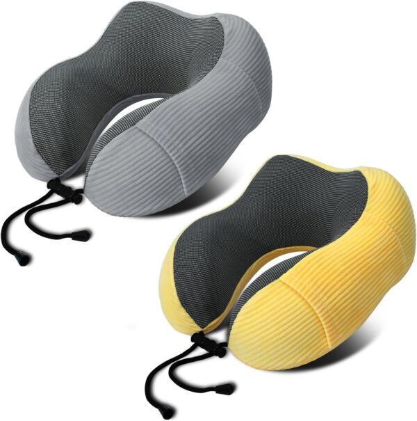 Neck Pillow Airplane-2 Pack Memory Foam Travel Pillow, Soft & Support Travel Neck Pillow for Travelling, Sleeping Rest, Car, Train and Home Use (Grey&Yellow)