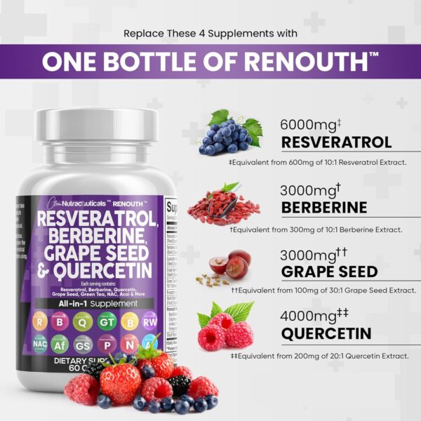 Clean Nutraceuticals Resveratrol 6000mg Berberine 3000mg Grape Seed Extract 3000mg Quercetin 4000mg Green Tea Extract Polyphenol Supplement for Women & Men w/N-Acetyl Cysteine, Acai Extract - 60 Cap - Image 3