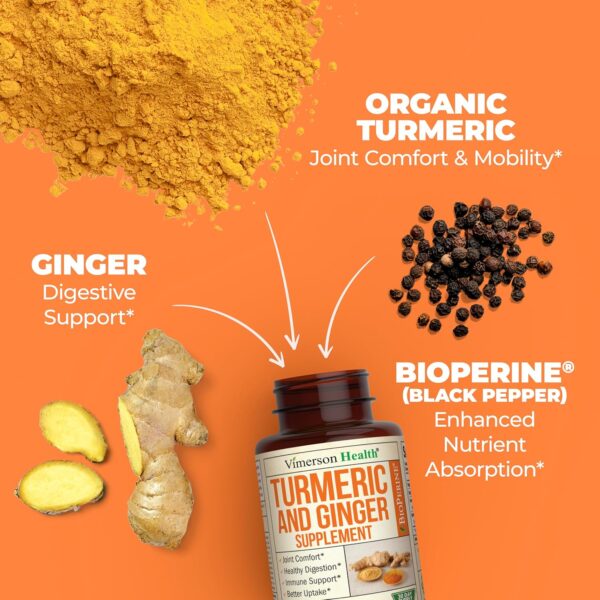 Turmeric Supplement and Ginger Root Joint Support Supplement - Turmeric Curcumin Supplement 95% Curcuminoids. Contains Organic Turmeric with Black Pepper (Bioperine) for Max Absorption. 60 Capsules - Image 2