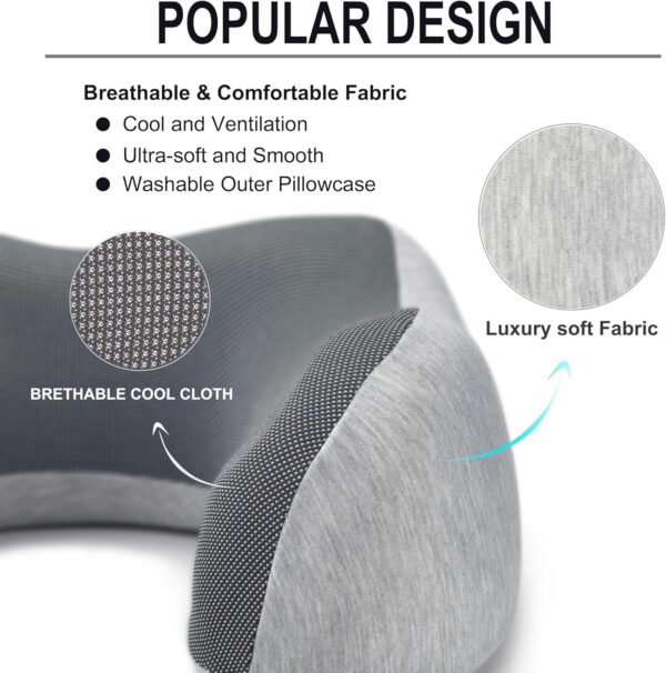 napfun Neck Pillow for Traveling, Upgraded Travel Neck Pillow for Airplane 100% Pure Memory Foam Travel Pillow for Flight Headrest Sleep, Portable Plane Accessories, Light Grey - Image 3