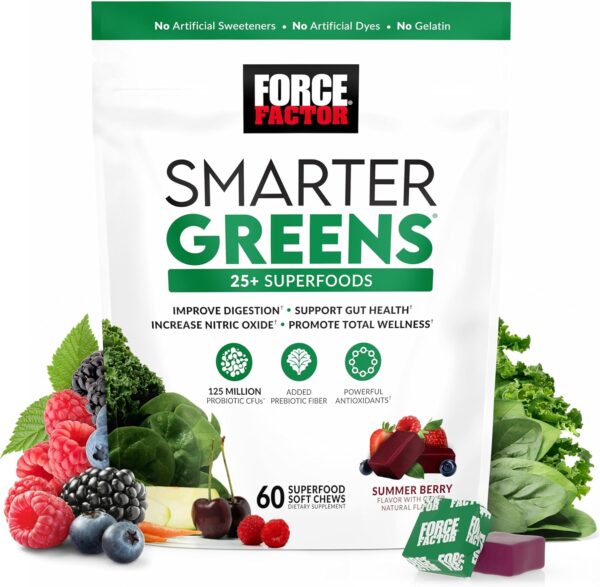 FORCE FACTOR Smarter Greens Superfood Chews, Greens and Superfoods with Probiotics, Antioxidants, and Fiber, Greens Supplement to Support Digestion, Nitric Oxide, and Energy, 60 Soft Chews