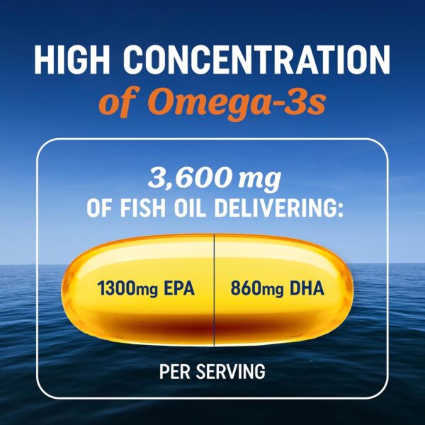 Triple Strength Omega 3 Fish Oil 3600 mg | EPA & DHA | Over 2100mg Omega-3 Fatty Acids | 1300mg EPA + 860mg DHA | Best Essential Fatty Acids | Premium Burpless Fish Oil Omega 3 Supplements (120 Ct) - Image 2