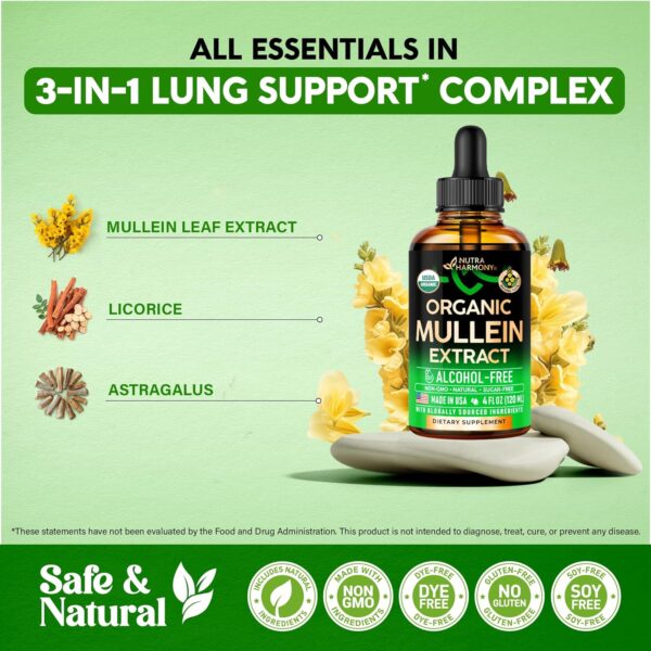 Mullein Drops for Lungs - USDA Organic Liquid - Mullein Leaf Extract Supplement - Made in USA - Lung & Bronchial Cleanse for Smokers - Respiratory Health Support - As Tincture, Tea, Pills - 4 fl oz - Image 2