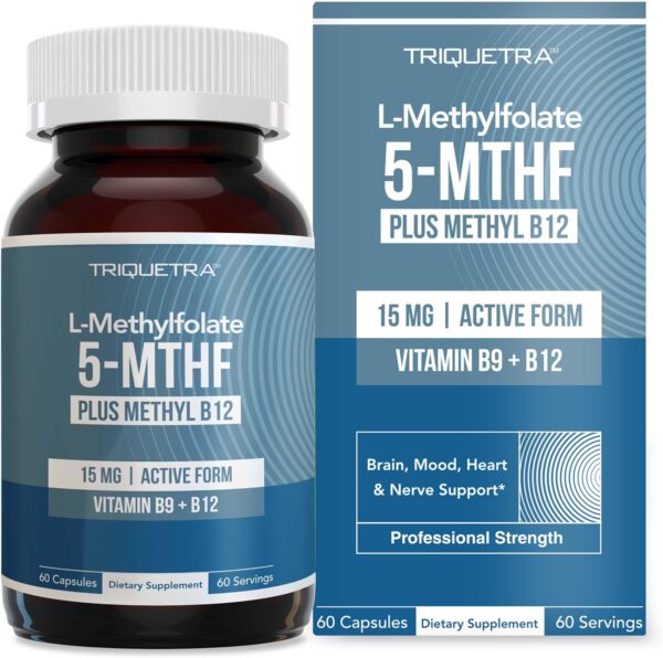 L Methyl Folate 15mg plus Methyl B12 Cofactor - Professional Strength, Active 5-MTHF Form - Supports Mood, Methylation, Cognition – Bioactive forms of Vitamin B9 & B12 (60 Capsules)