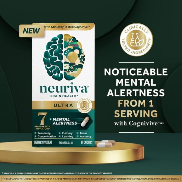 NEURIVA Ultra Decaffeinated Clinically Tested Nootropic Brain Supplement for Mental Alertness, Memory, Focus & Concentration, Cognivive, Neurofactor, Phosphatidylserine, Vitamins B6 B12, 60 Capsules - Image 2