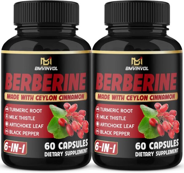 (2 Packs) Berberine Supplement Plus Ceylon Cinnamon, Turmeric, Artichoke, Milk Thistle, Black Pepper - 120 Capsules - 4 Months Supply