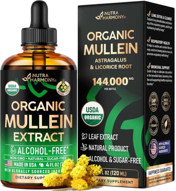 Mullein Drops for Lungs - USDA Organic Liquid - Mullein Leaf Extract Supplement - Made in USA - Lung & Bronchial Cleanse for Smokers - Respiratory Health Support - As Tincture, Tea, Pills - 4 fl oz