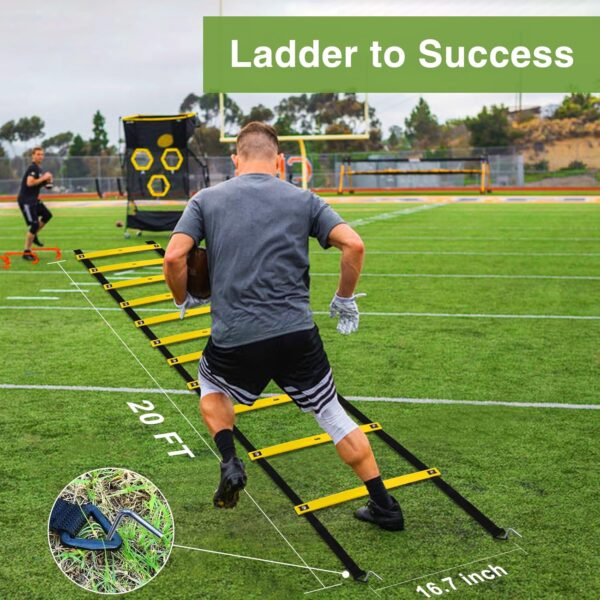 Agility Ladder Training Equipment Set - Agility Ladder(12 Rungs/20ft), 4 Speed Hurdles, 12 Training Cones, Jump Rope, Parachute for Speed/Soccer/Football Training with Carry Bag - Image 2