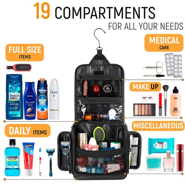 Travel Toiletry Bag for Men and Women - Large Hanging Toiletry Organizer - Waterproof Hygiene Bag with Metal XXL Swivel Hook, with YKK Zippers and 19 Compartments for Toiletries, Makeup, Cosmetics - Image 5