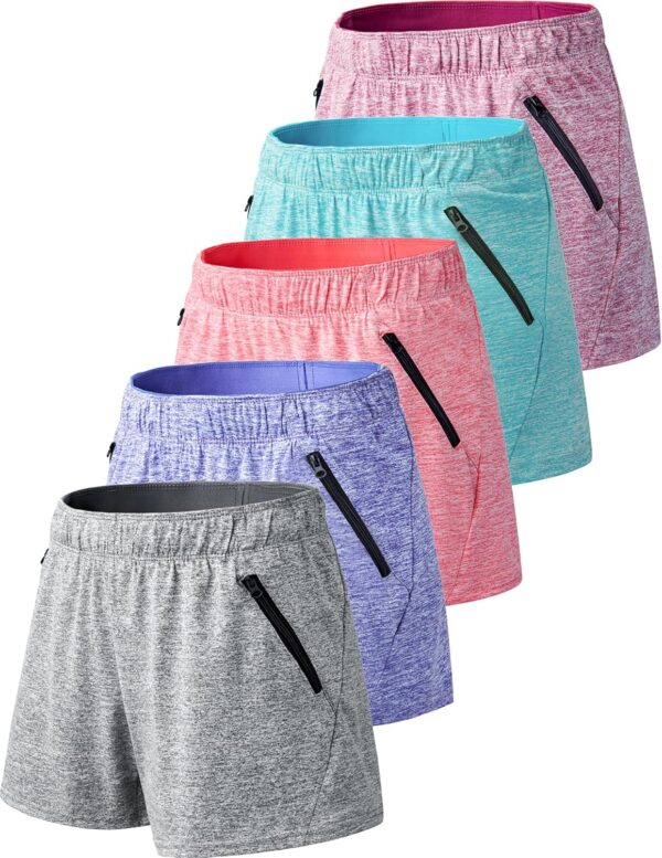 5 Pack: Womens Workout Gym Shorts Casual Lounge Set, Ladies Active Athletic Apparel with Zipper Pockets