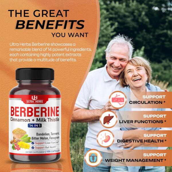 Premium Berberine 12,200MG with Cinnamon, Milk Thistle *USA Made & Test* Promotes Liver Function, Gut Health, Immunity (150 Count (Pack of 1)) - Image 4